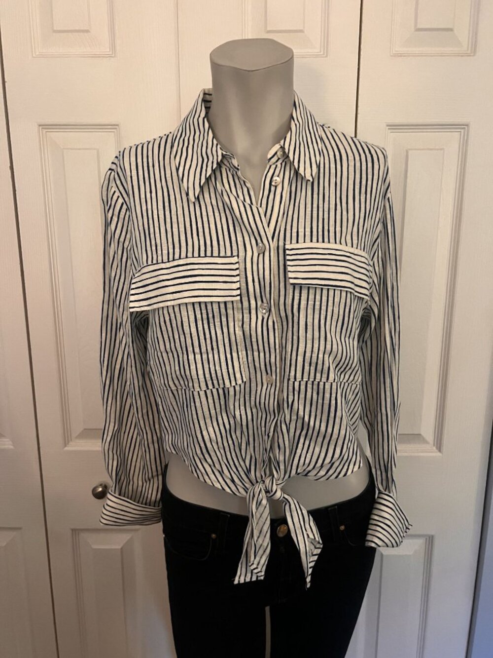 Zara Blue & White Striped Tie Front Blouse Size Small